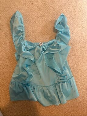 Cake for Dinner Satin Light Blue Ruffle Sleeveless Top